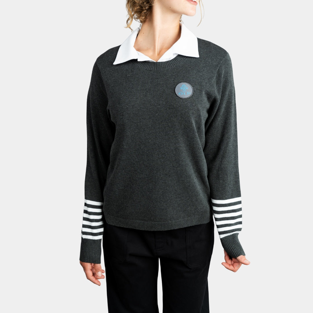 AOLP Crew Neck Pullover with Striped Sleeves Charcoal