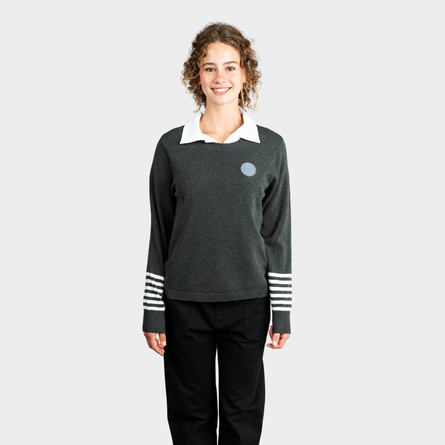 AOLP Crew Neck Pullover with Striped Sleeves Charcoal