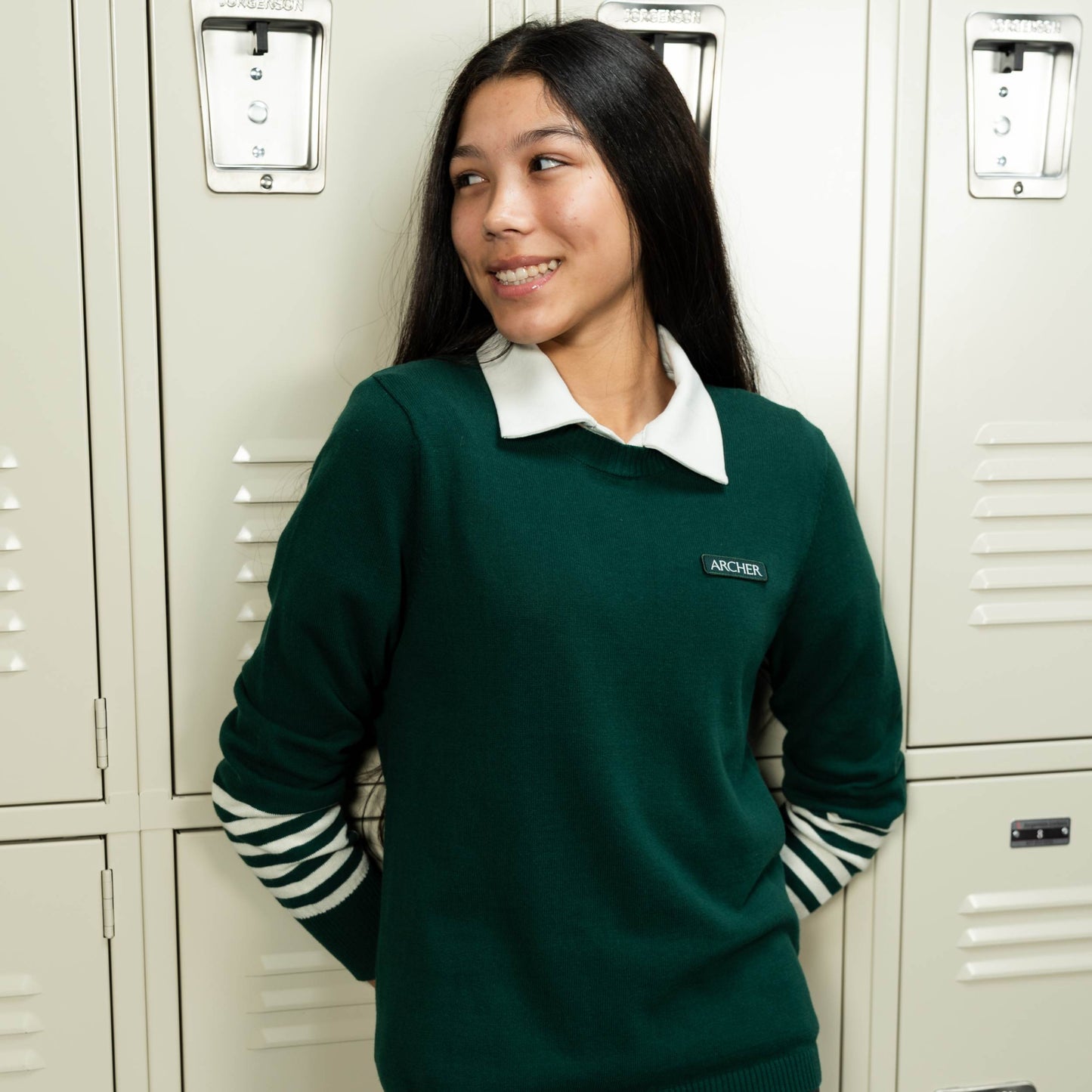 Archer Crew Neck Pullover with Striped Sleeves Green