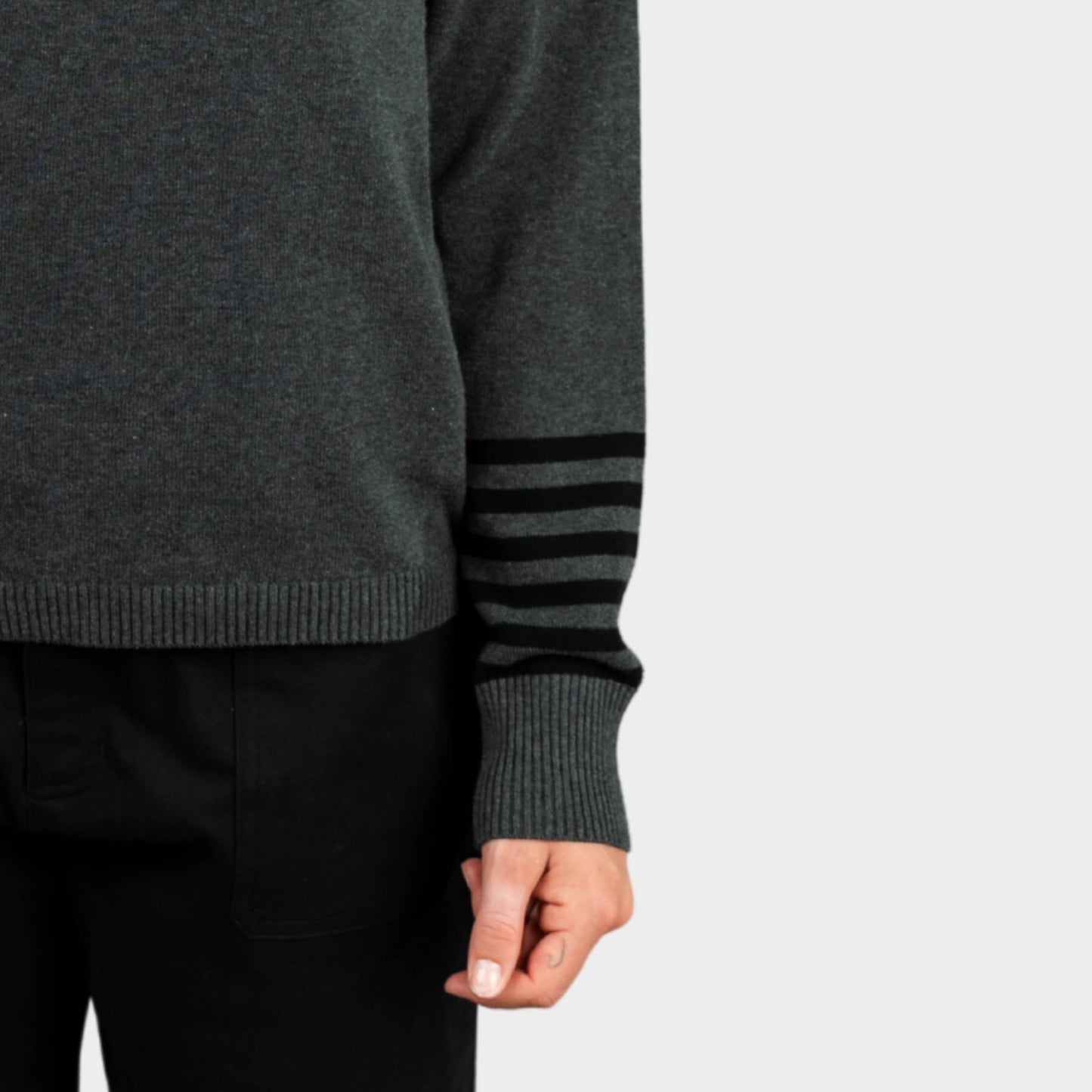 Archer Crew Neck Pullover with Striped Sleeves Charcoal