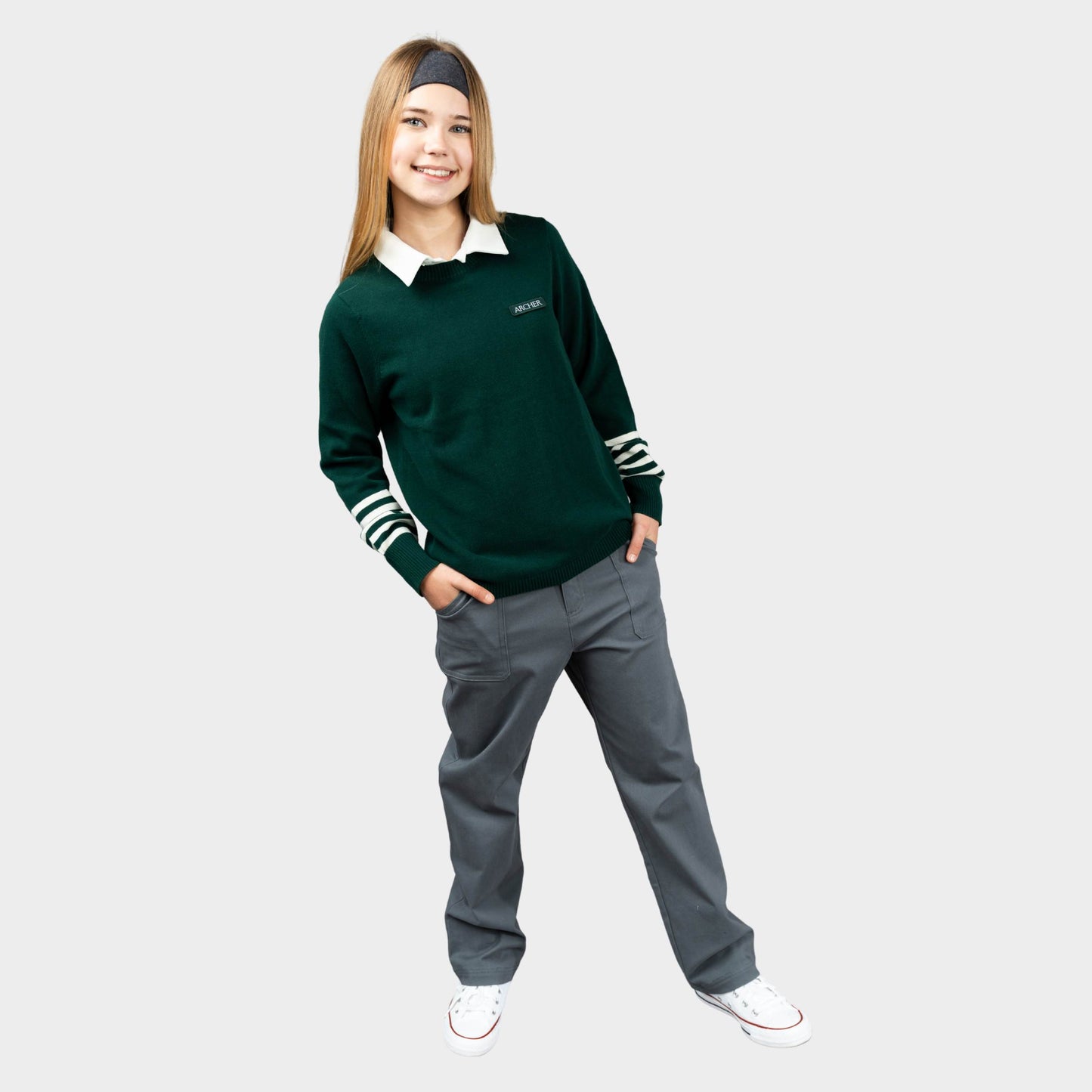 Archer Crew Neck Pullover with Striped Sleeves Green
