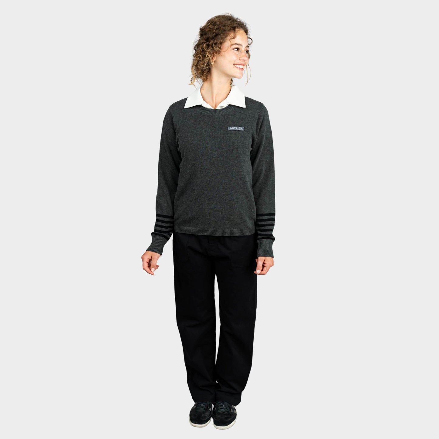 Archer Crew Neck Pullover with Striped Sleeves Charcoal