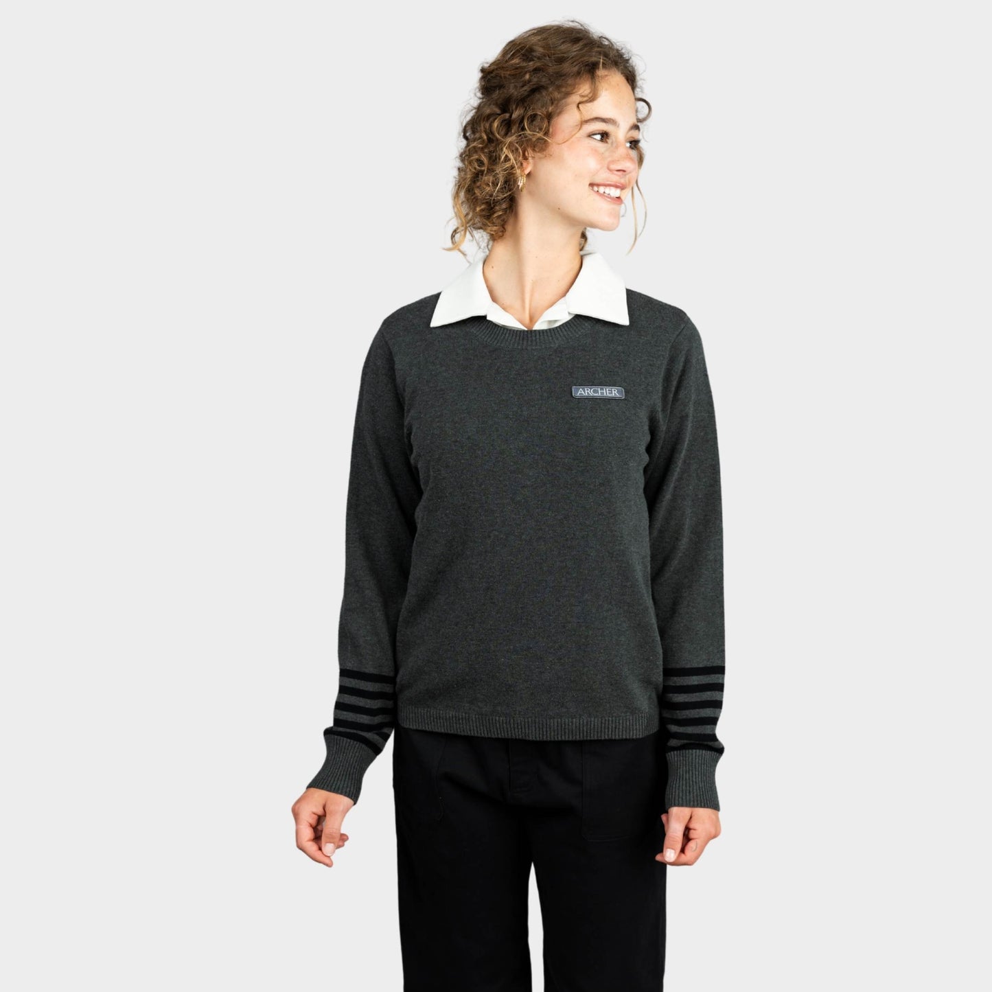 Archer Crew Neck Pullover with Striped Sleeves Charcoal