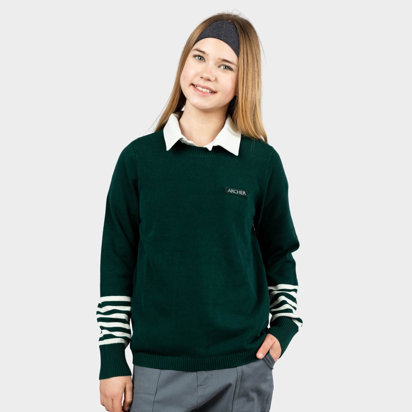 Archer Crew Neck Pullover with Striped Sleeves Green
