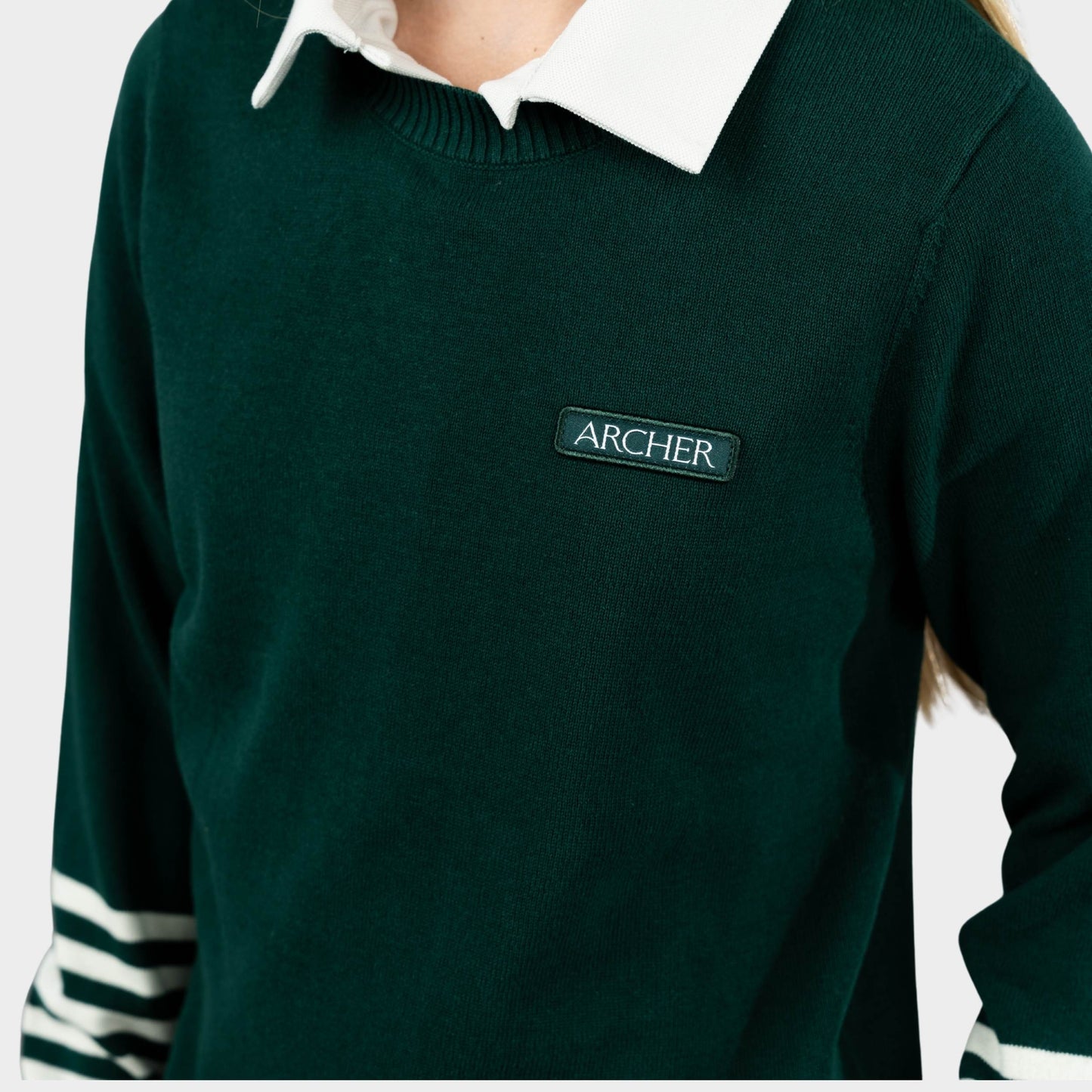Archer Crew Neck Pullover with Striped Sleeves Green