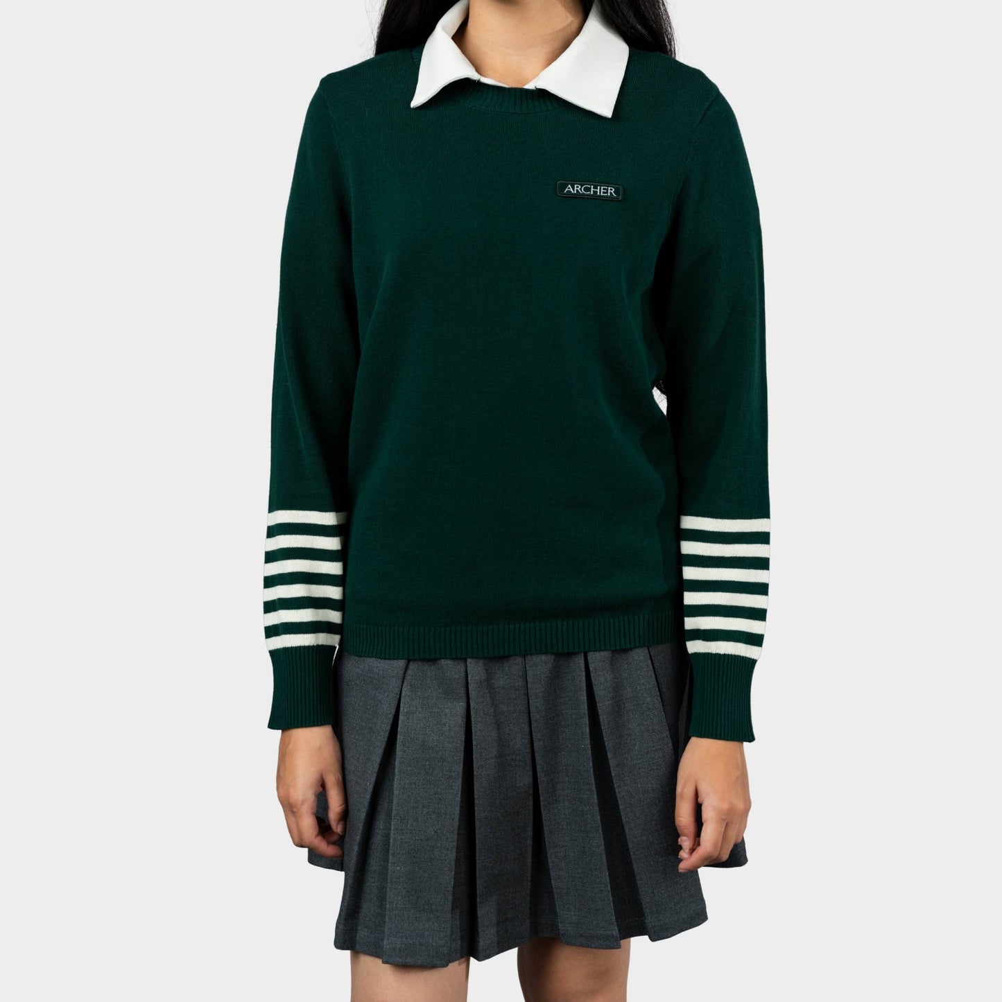 Archer Crew Neck Pullover with Striped Sleeves Green