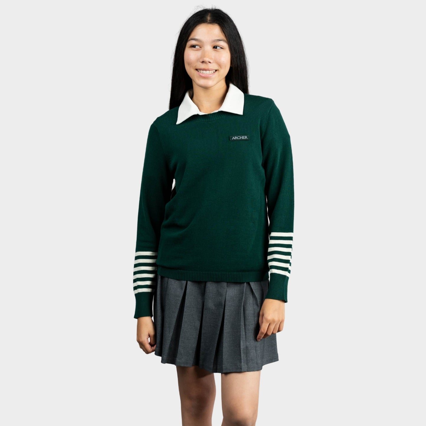 Archer Crew Neck Pullover with Striped Sleeves Green