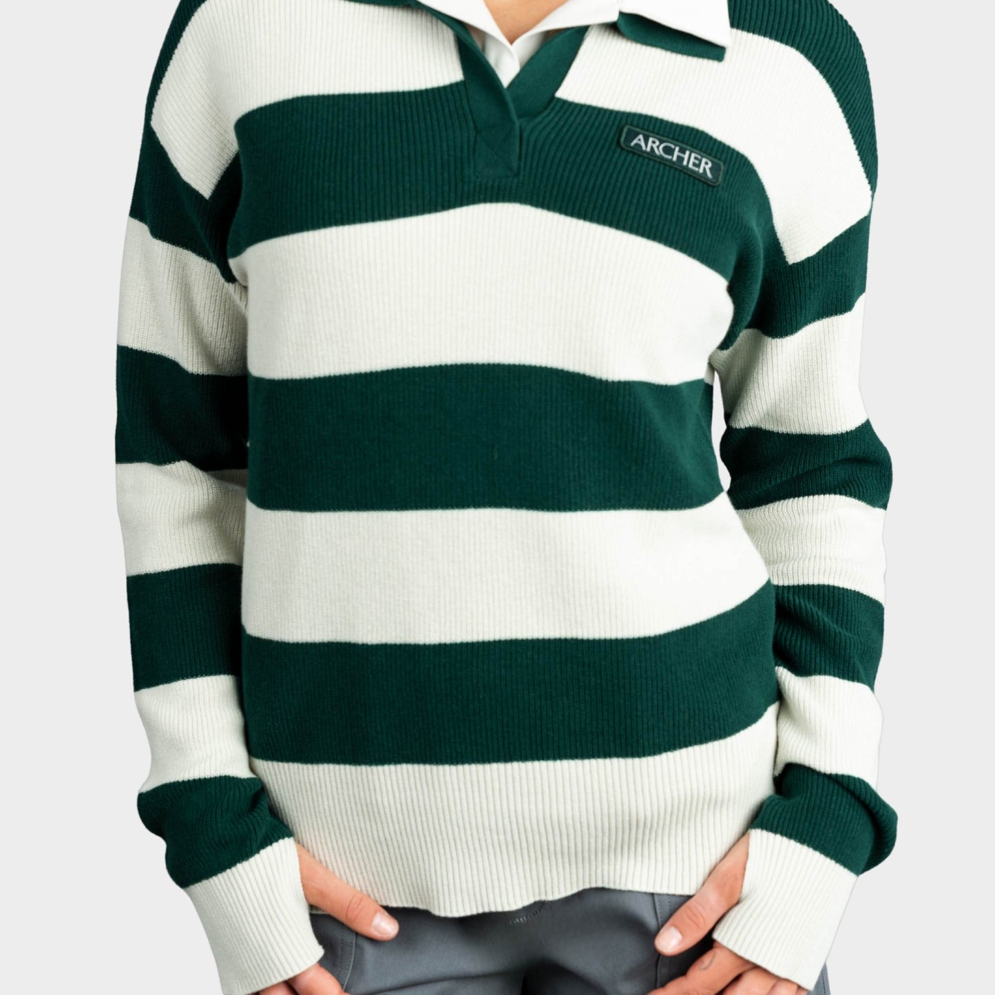 Archer Striped Rugby Polo Pullover Green