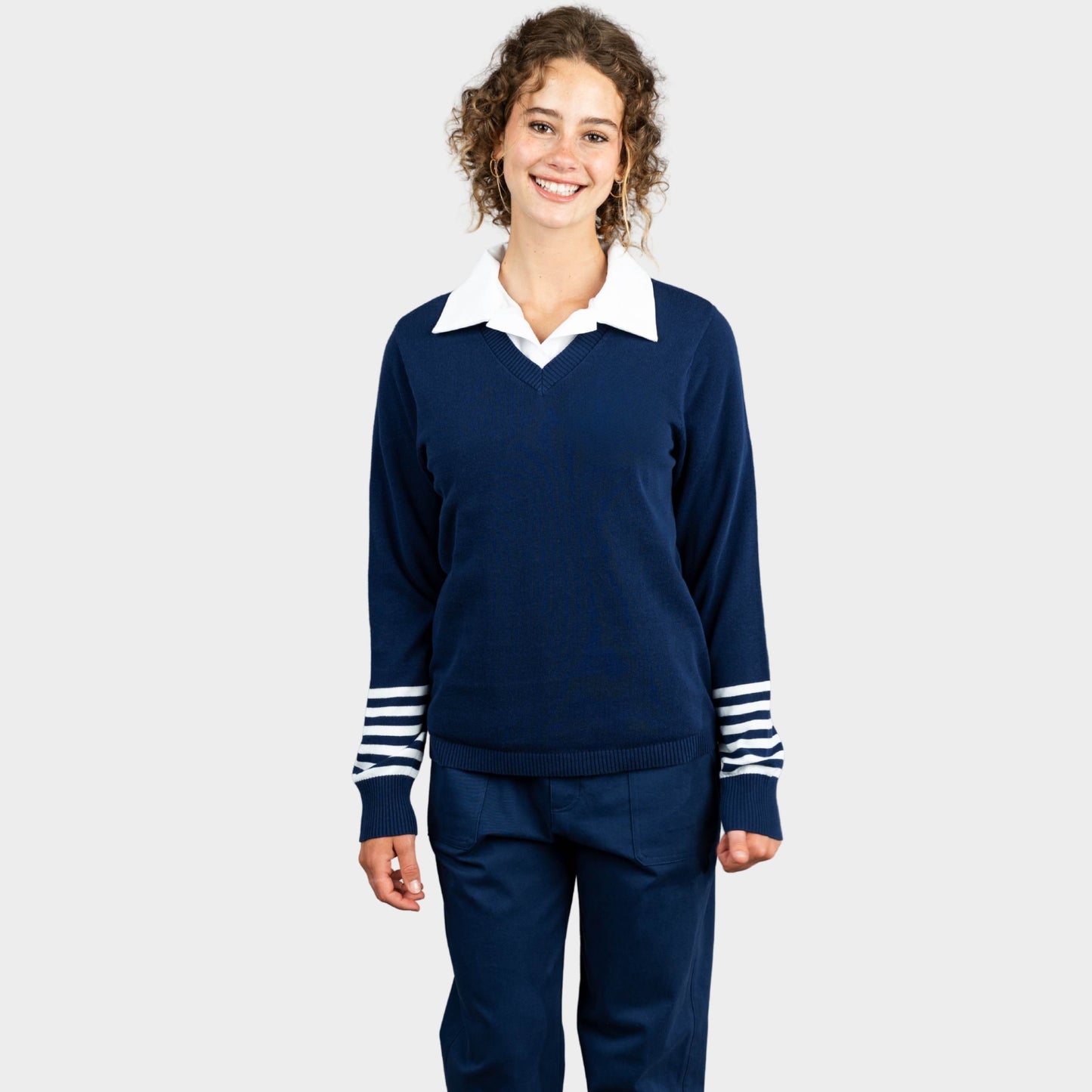 Castilleja V-Neck Pullover with Striped Sleeves Navy