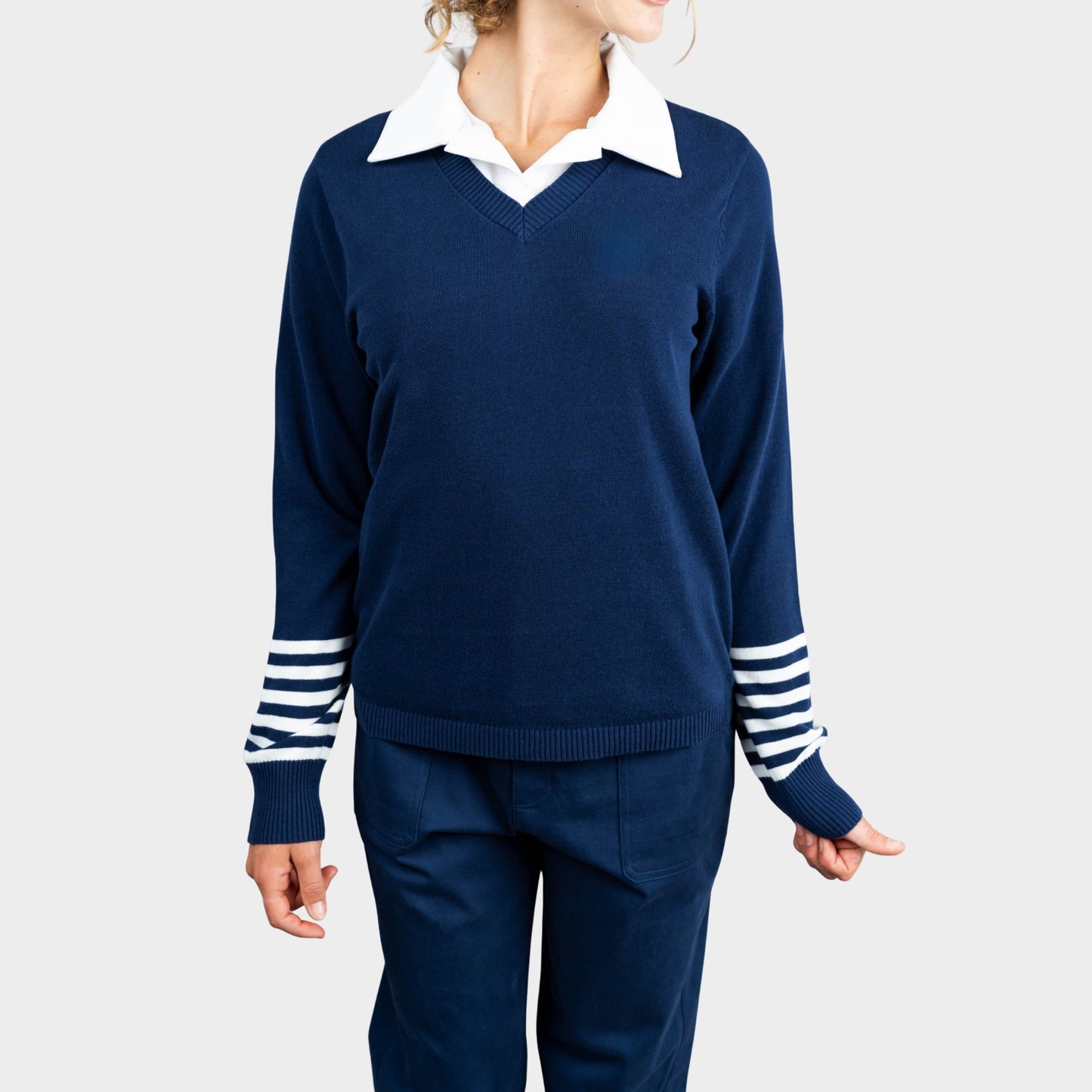 Castilleja V-Neck Pullover with Striped Sleeves Navy
