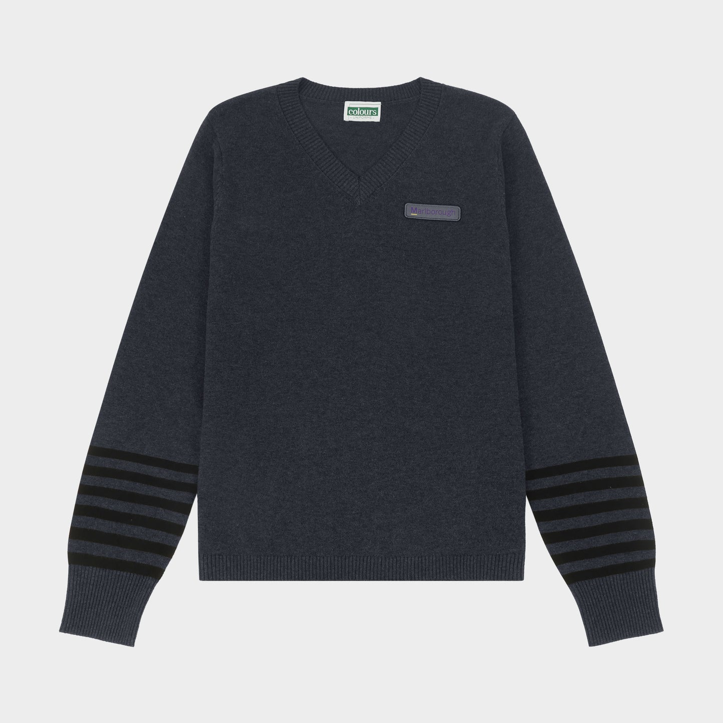 Marlborough V-Neck Pullover with Striped Sleeves Charcoal