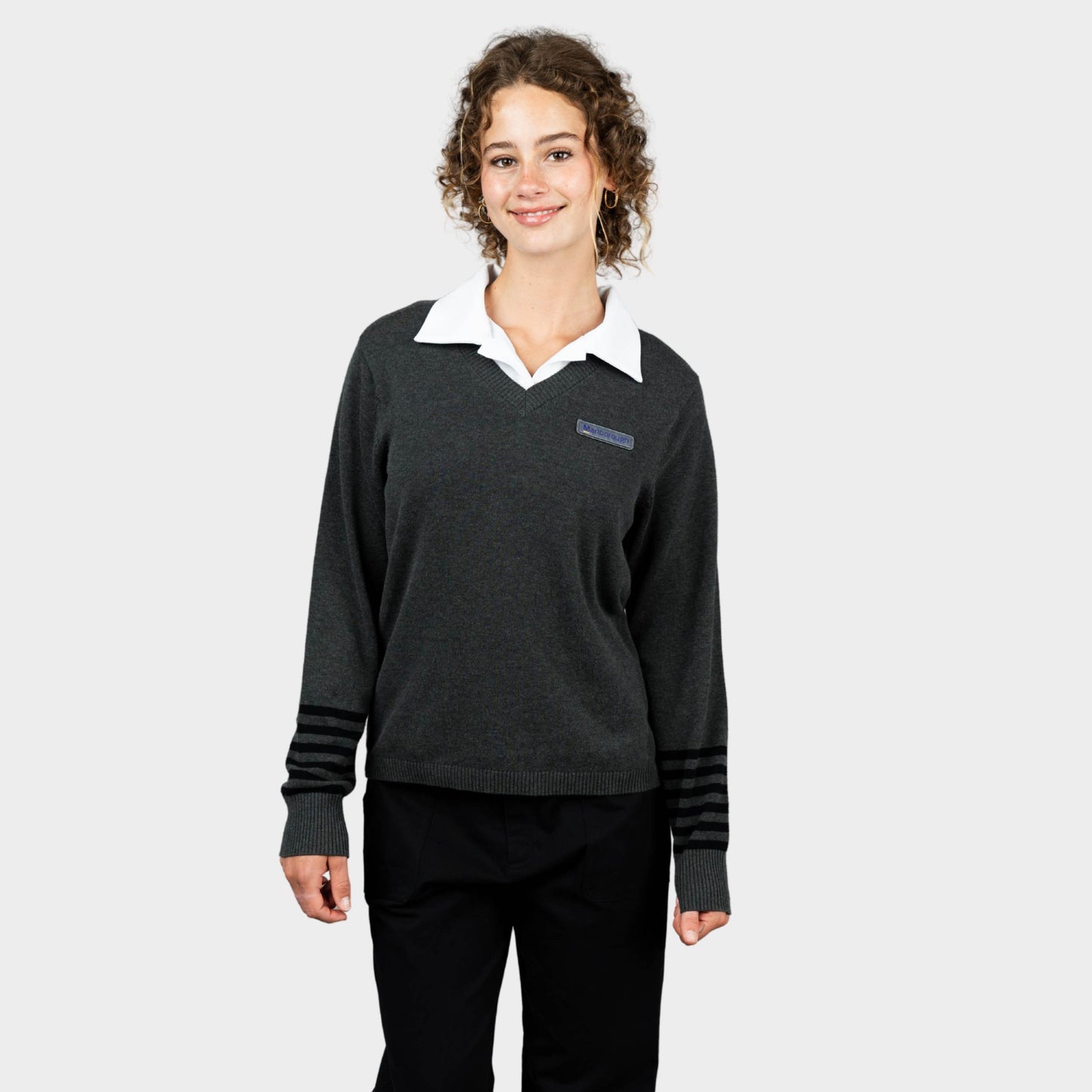 Marlborough V-Neck Pullover with Striped Sleeves Charcoal
