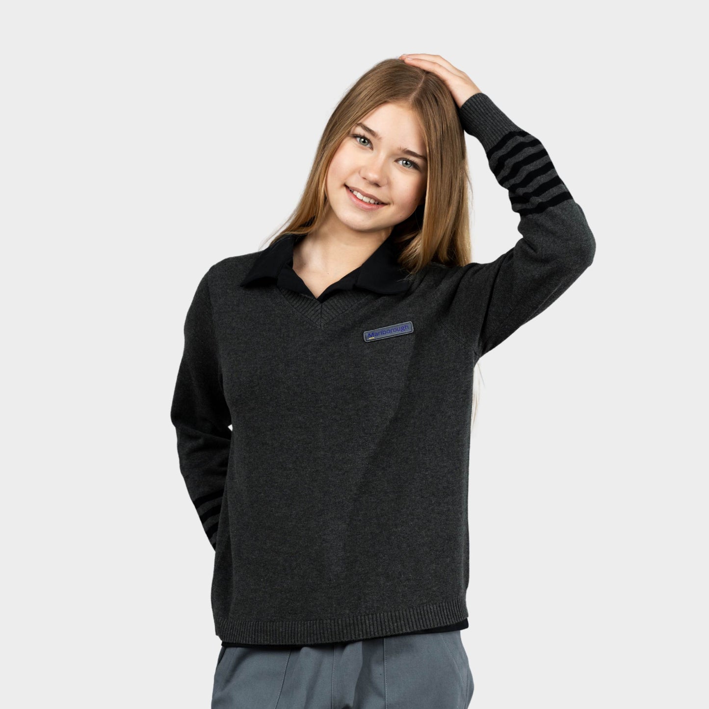 Marlborough V-Neck Pullover with Striped Sleeves Charcoal