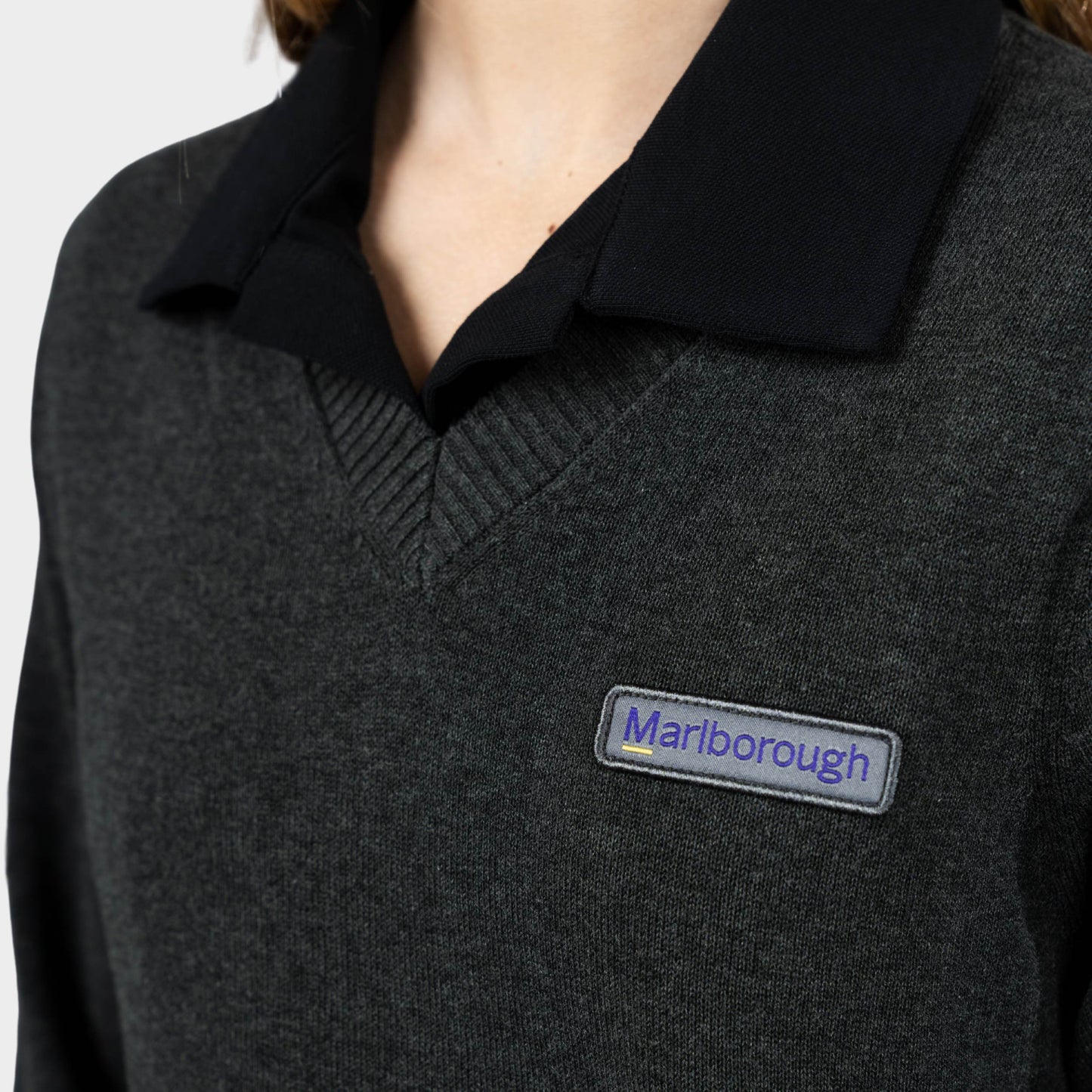 Marlborough V-Neck Pullover with Striped Sleeves Charcoal