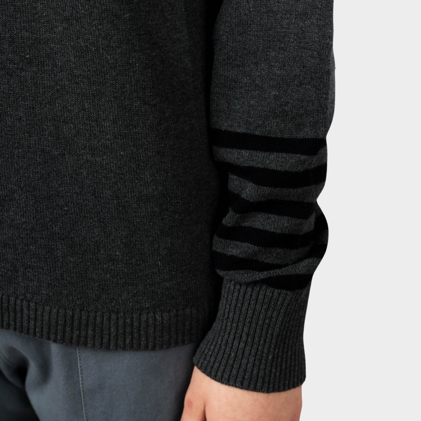 Marlborough V-Neck Pullover with Striped Sleeves Charcoal