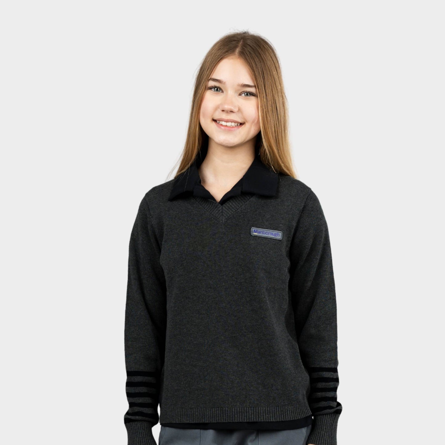 Marlborough V-Neck Pullover with Striped Sleeves Charcoal