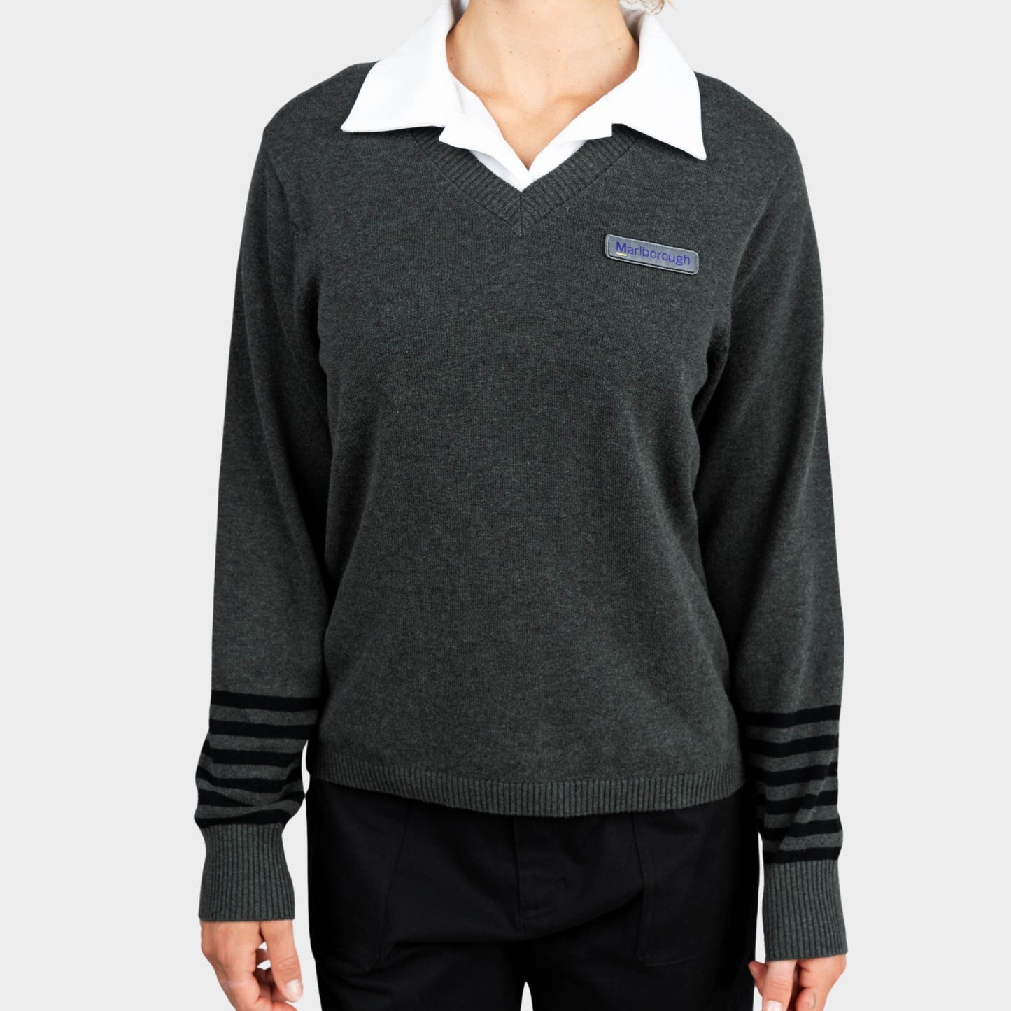 Marlborough V-Neck Pullover with Striped Sleeves Charcoal