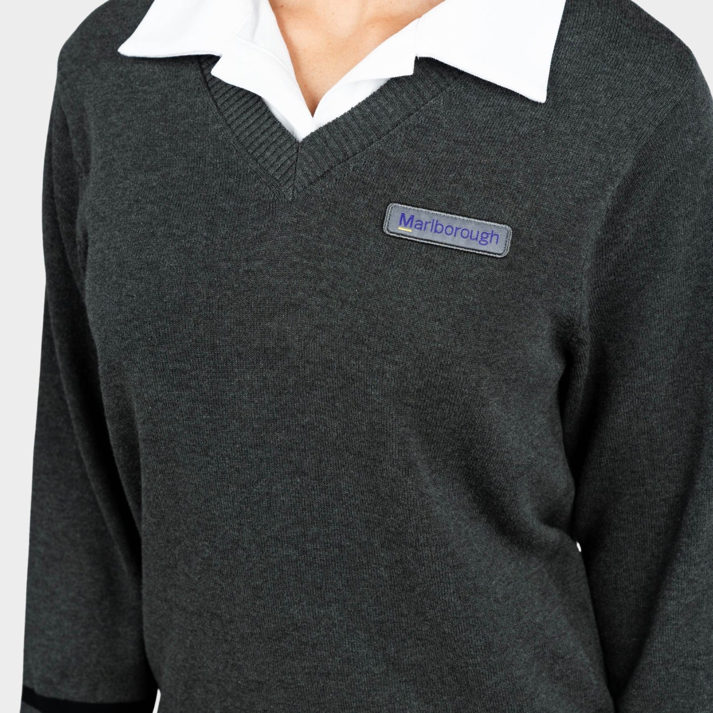 Marlborough V-Neck Pullover with Striped Sleeves Charcoal
