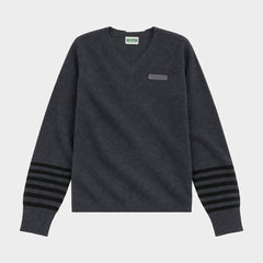 Marlborough V-Neck Pullover with Striped Sleeves Charcoal