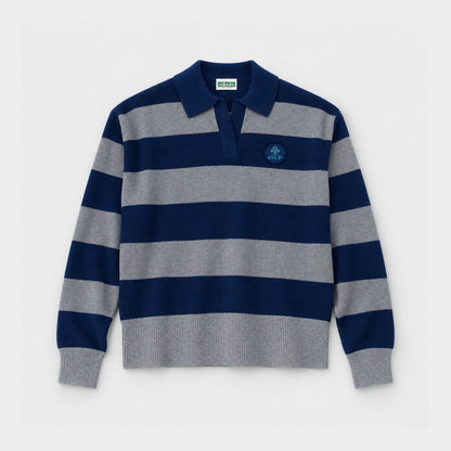 AOLP Striped Rugby Polo Pullover Navy