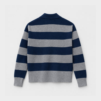 AOLP Striped Rugby Polo Pullover Navy