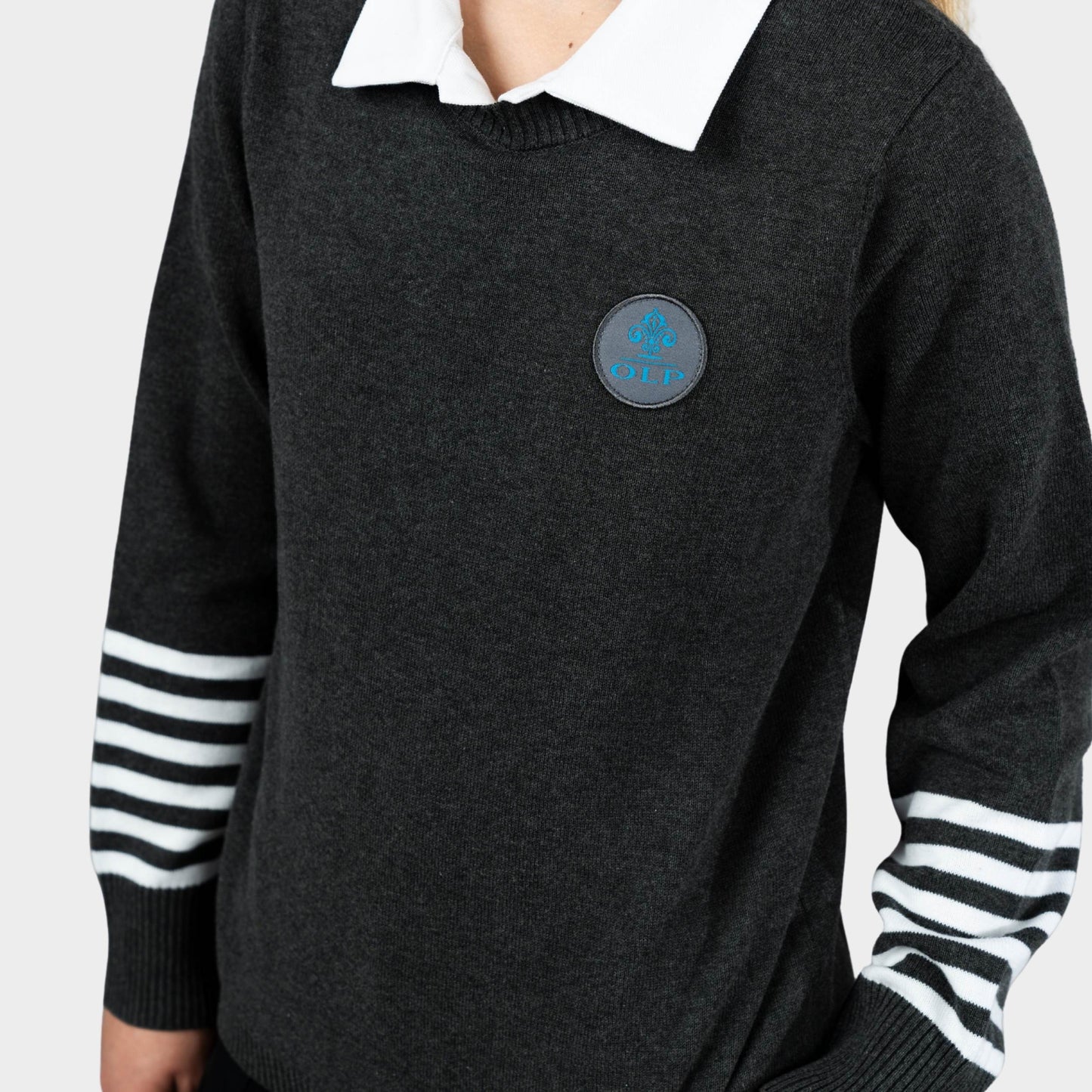 AOLP Crew Neck Pullover with Striped Sleeves Charcoal