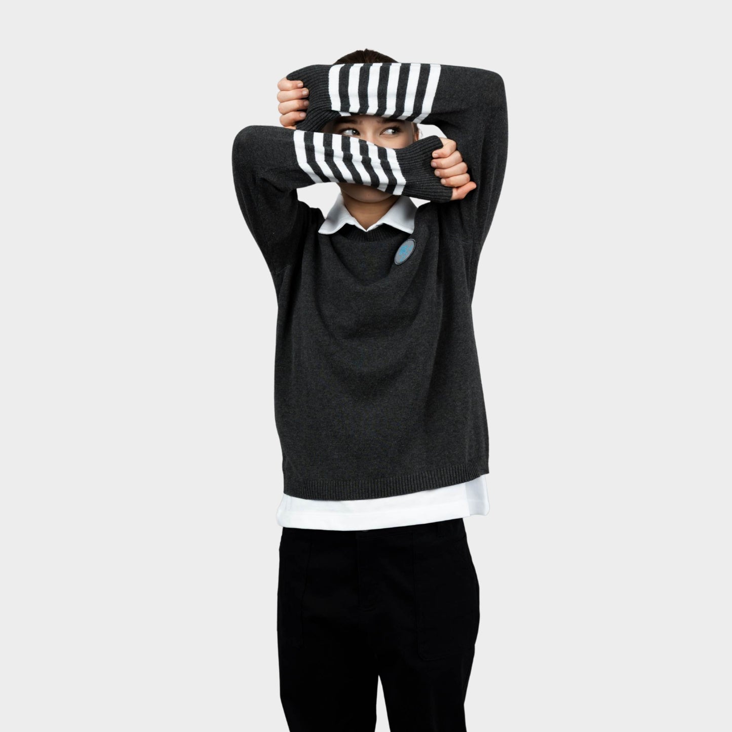 AOLP Crew Neck Pullover with Striped Sleeves Charcoal