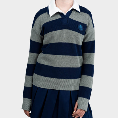 AOLP Striped Rugby Polo Pullover Navy