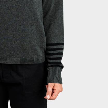 Archer Crew Neck Pullover with Striped Sleeves Charcoal