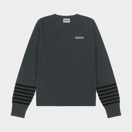 Archer Crew Neck Pullover with Striped Sleeves Charcoal