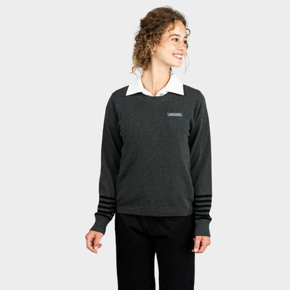 Archer Crew Neck Pullover with Striped Sleeves Charcoal