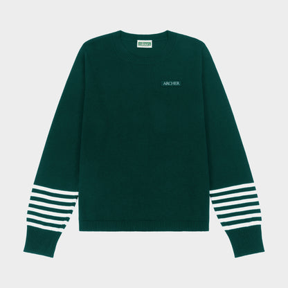 Archer Crew Neck Pullover with Striped Sleeves Green