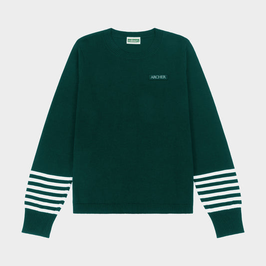 Archer Crew Neck Pullover with Striped Sleeves Green
