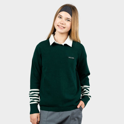 Archer Crew Neck Pullover with Striped Sleeves Green