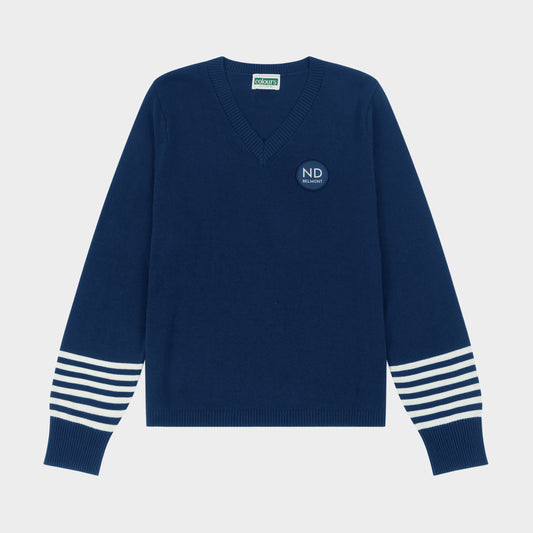 NDB V-Neck Pullover with Striped Sleeves Navy