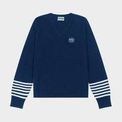 NDB V-Neck Pullover with Striped Sleeves Navy