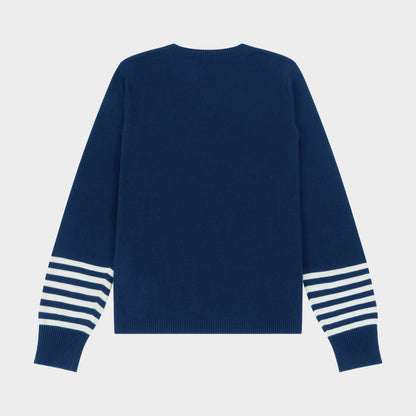 NDB V-Neck Pullover with Striped Sleeves Navy