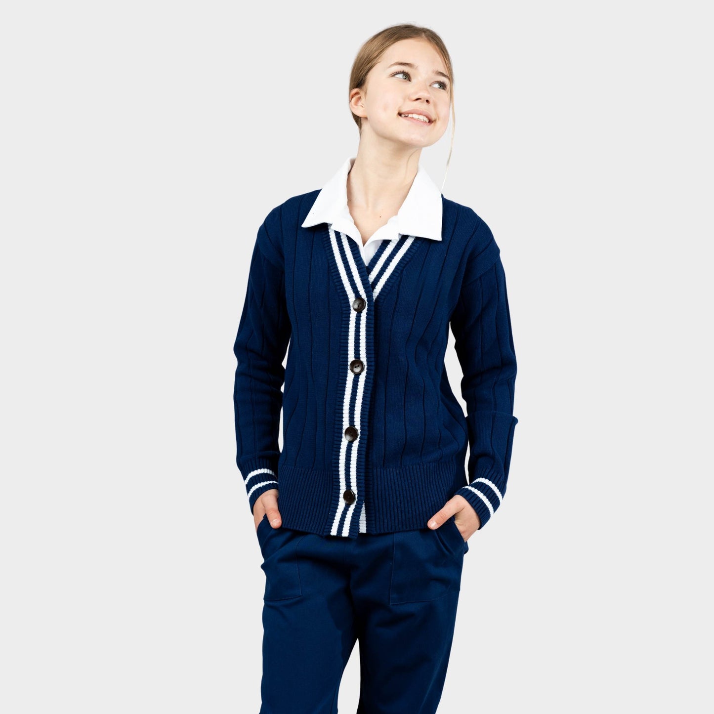 Castilleja Letterman V-Neck Cardigan Navy
