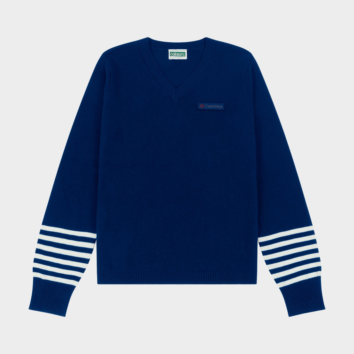Castilleja V-Neck Pullover with Striped Sleeves Navy