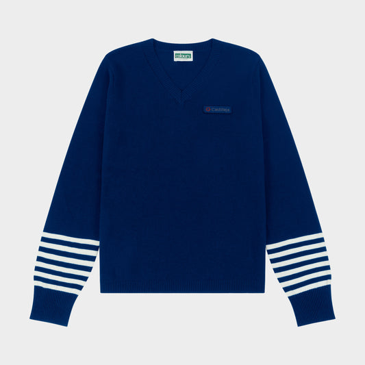 Castilleja V-Neck Pullover with Striped Sleeves Navy