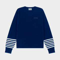 Castilleja V-Neck Pullover with Striped Sleeves Navy