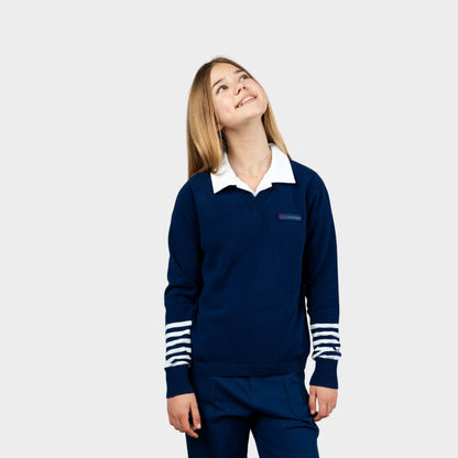 Castilleja V-Neck Pullover with Striped Sleeves Navy