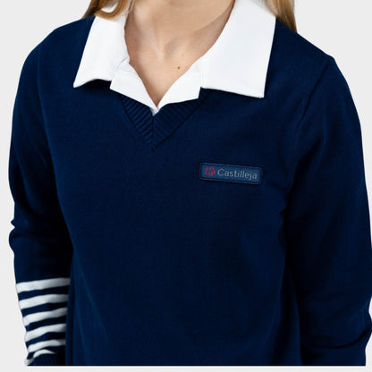 Castilleja V-Neck Pullover with Striped Sleeves Navy