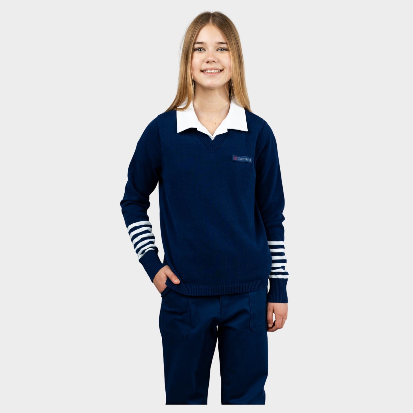 Castilleja V-Neck Pullover with Striped Sleeves Navy