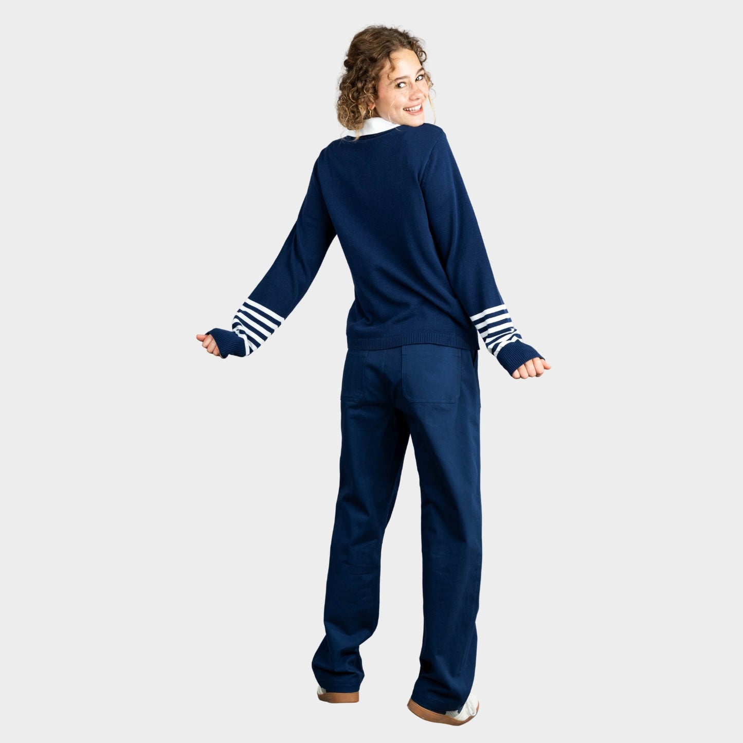 NDB V-Neck Pullover with Striped Sleeves Navy