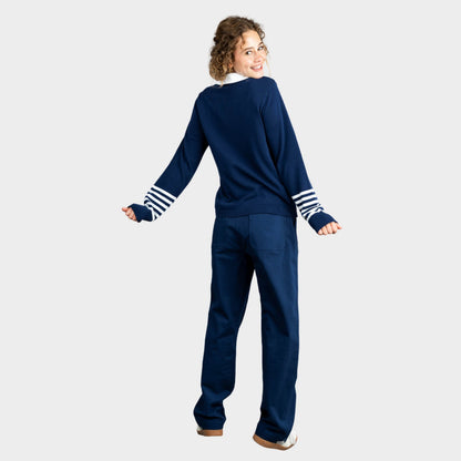 NDB V-Neck Pullover with Striped Sleeves Navy