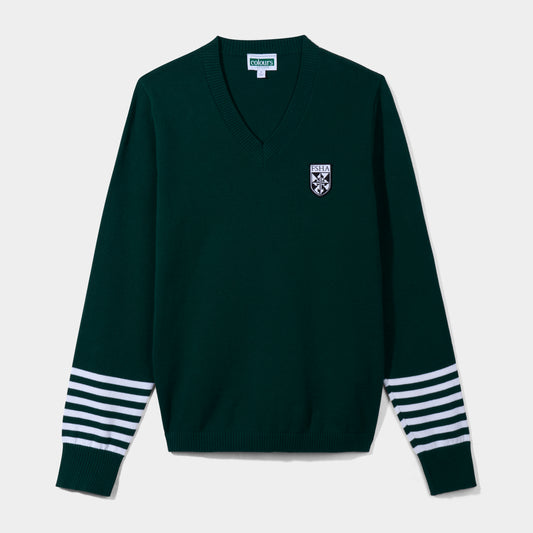 FSHA V-Neck Pullover with Striped Sleeves Green