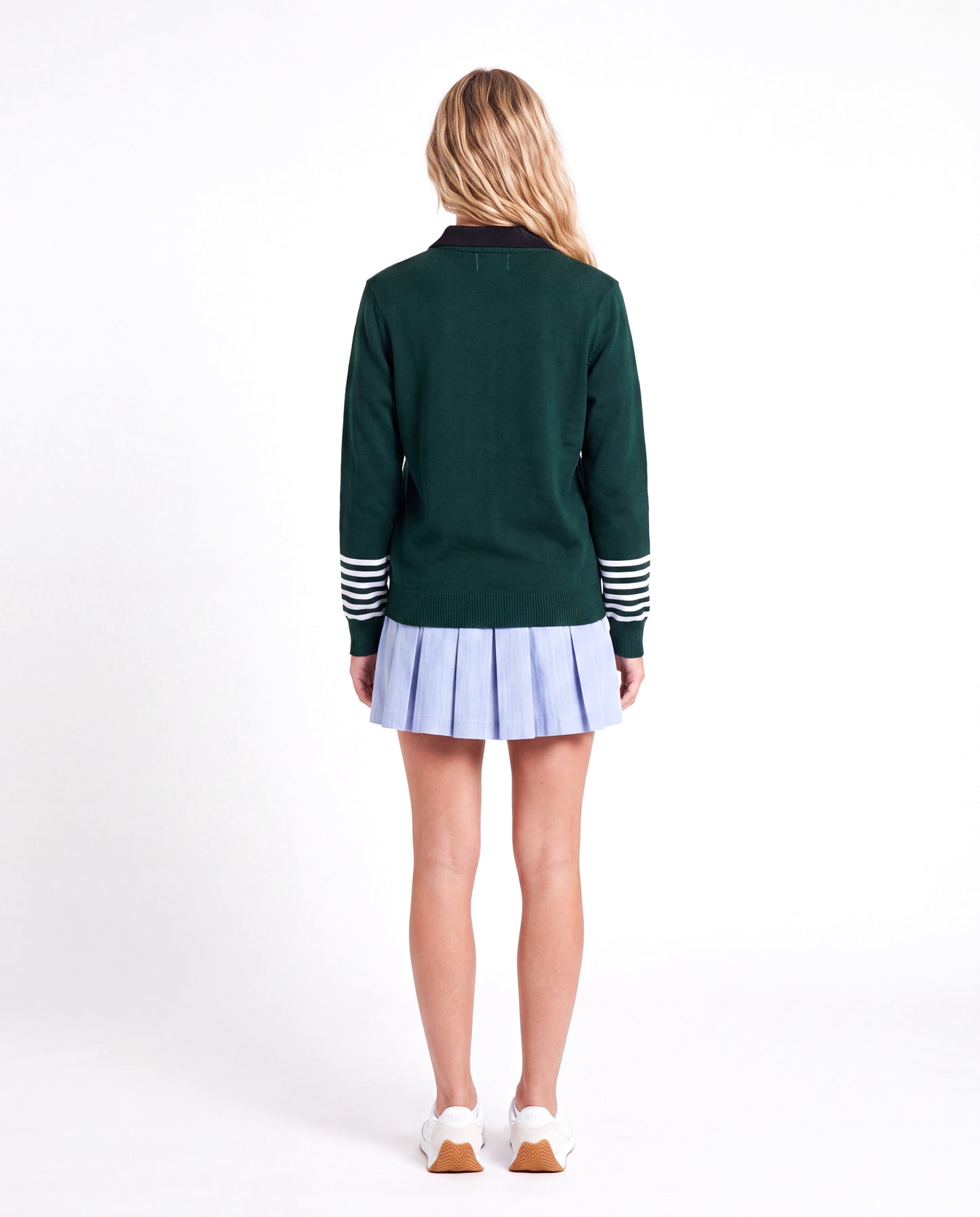 FSHA V-Neck Pullover with Striped Sleeves Green