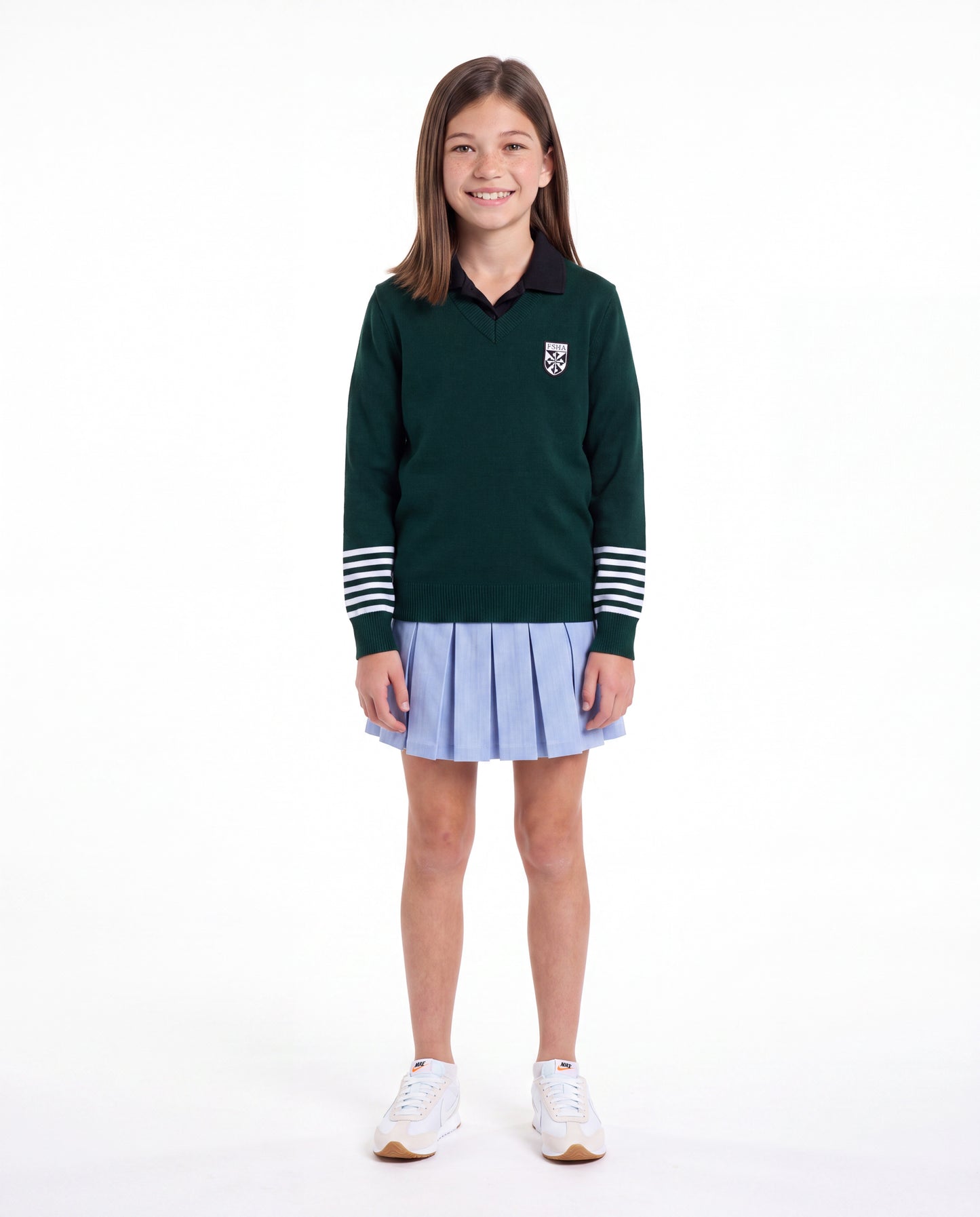 FSHA V-Neck Pullover with Striped Sleeves Green