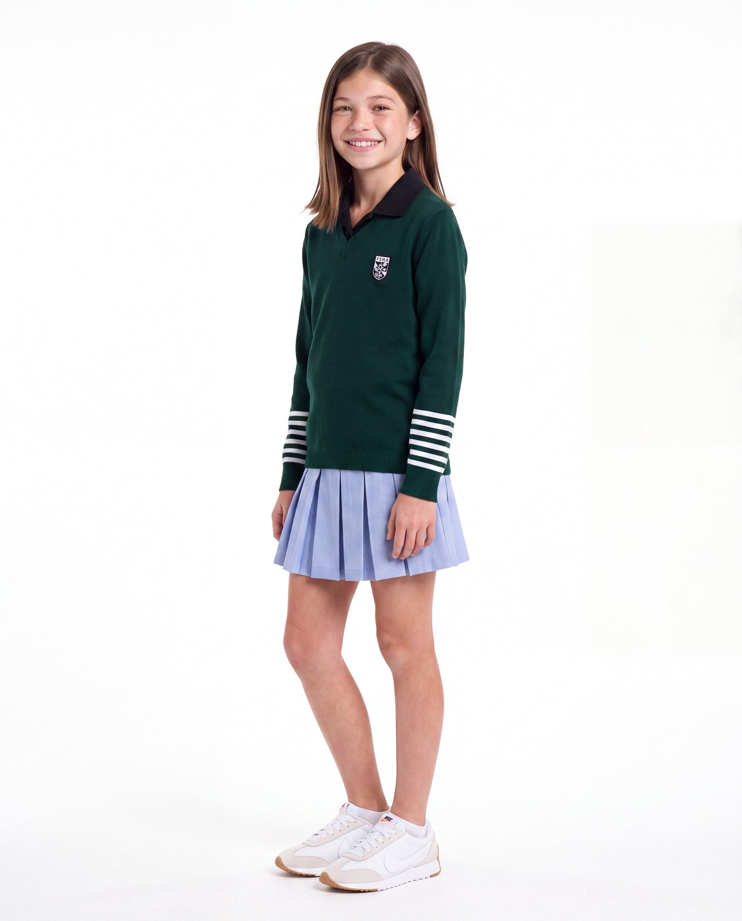 FSHA V-Neck Pullover with Striped Sleeves Green